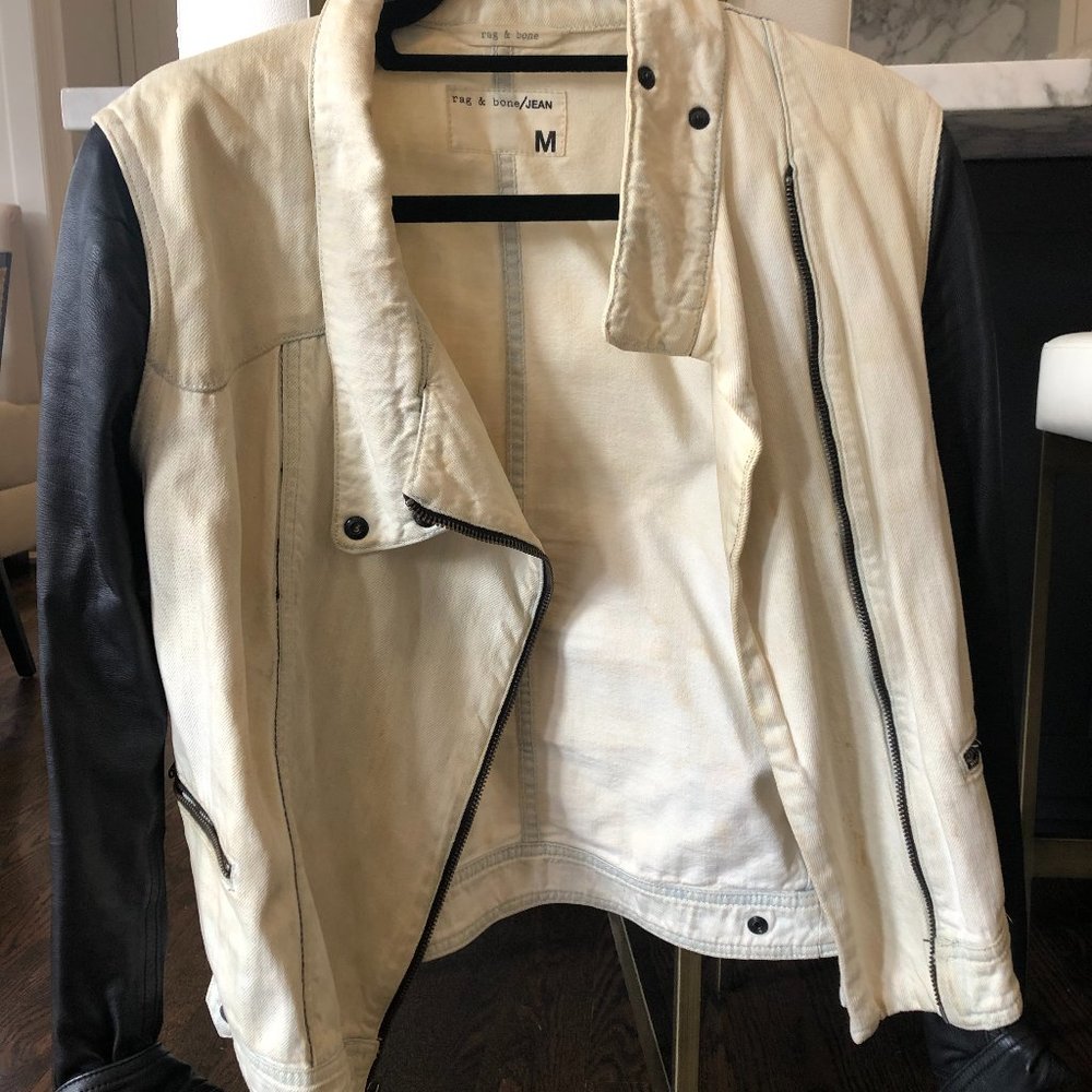 Rag & Bone light jean jacket + leather sleeves
